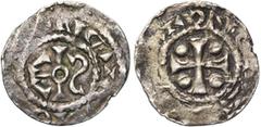 LOW COUNTRIES : FLANDERS VLAANDEREN, Graafschap, Arnulf II (964-989) of Boudewijn IV (989-1036), AR denarius, Lens of St. Winoksbergen (?). Vz/ Vervormd karolingisch monogram. Kz/ Gevoet kruis met vie