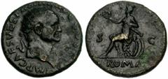 VESPASIEN (69-79), AE dupondius, 71, Lyon. Droit : IMP CAES VESPASIAN AVG COS III Tête radié à droite. Revers : S-C Roma assise à gauche sur une cuirasse, tenant une couronne et le parazonium. Derrièr
