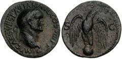 VESPASIEN (69-79), AE as, 77-78, Lyon. Droit : IMP CAES VESPASIAN AVG COS VIII PP Tête l. à droite. Petit globe à la pointe du cou. Revers : S-C Aigle de face sur un globe, tête à droite, les ailes ou