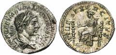 ELAGABAL (218-222), AR denier, s.d. Rome. Droit : IMP CAES M AVR ANTONINVS AVG B. l., drapé à droite. Revers : FIDES EXERCITVS Fides assise à gauche, tenant un aigle et un étendard. Devant, un étendar