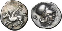 GREEK WORLD CORINTHE, AR statère, 415-387 av. J.-C. D/ Pégase en vol à g. Dessous, . R/ T. casquée d''Athéna à d. Derrière, un grand . Ravel 385; Pegasi 127. 8,34g Patine foncée. presque Très Beau a