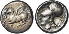 GREEK WORLD CORINTHE, AR statère, 386-307 av. J.-C. D/ Pégase en vol à g. Dessous, . R/ T. casquée d''Athéna à g. Sous le menton, [A]. Derrière la nuque, une couronne. Ravel 1041; Pegasi 403. 8,45g T