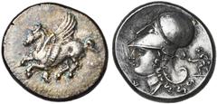 GREEK WORLD CORINTHE, AR statère, 386-307 av. J.-C. D/ Pégase en vol à g. Dessous, . R/ T. casquée d''Athéna à g., entourée de Δ-I. A d., Artémis ten. une longue torche, courant à g. Ravel 1076; Pega