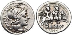 ROMAN REPUBLIC L. Sempronius Pitio, AR denier, 148 av. J.-C., Rome. D/ PITIO T. casquée de Roma à d. Sous le menton, . R/ L·SEMP/ ROMA Les Dioscures galopant à d. Cr. 216/1; Syd. 402. 3,67g Ebréché à