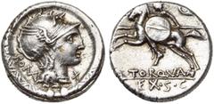 ROMAN REPUBLIC L. Manlius Torquatus, AR denier, 113-112 av. J.-C., Rome. D/ T. casquée de Roma à d., entourée d''un torque. Derrière, ROMA. Sous le menton, . R/ L·TORQVA/ EX·S·C Cavalier chargeant à 