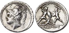 ROMAN REPUBLIC Q. Minucius Thermus, AR denier, 103 av. J.-C., Rome. D/ T. casquée de Mars à g. R/ Soldat romain combattant un barbare en protégeant un second soldat tombé à terre. A l''ex., Q. RM· .