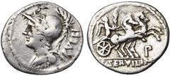 ROMAN REPUBLIC P. Servilius Rullus, AR denier, 100 av. J.-C., Rome. D/ RVLLI B. casqué, cuir. de Minerve à g. R/ P· SERVILI· M·F Victoire conduisant un bige à d., ten. les rênes et une palme. Dans le 