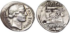 ROMAN REPUBLIC L. Scribonius Libo, AR denier, 62 av. J.-C., Rome. D/ BON EVENT- LIBO T. diad. de Bonus Eventus à d. R/ PVTEAL/ SCRIBON Autel orné d''une guirlande entre deux lyres. Devant, un marteau.