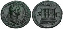 DOMITIEN Auguste (81-96), AE as, 85, Rome. Droit : IMP CAES DOMITIAN AVG GERM COS XI Tête l. à droite, l'épaule gauche drapé. Revers : SALVTI/ S-C/ AVGVSTI Autel rectangulaire, quatre panneaux sur la 