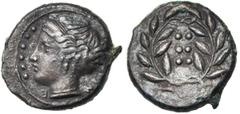 GREEK WORLD & ANCIENT ORIENT SICILE, HIMERA, AE hémilitre, 413-408 av. J.-C. D/ IME T. fém. à g. Devant, six globules. R/ Six globules dans une couronne de laurier. SNG ANS 186; SNG Cop. 320; Calciati