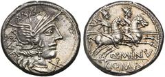 ROMAN REPUBLIC Q. Minucius Rufus, AR denier, 122 av. J.-C., Rome. D/ T. casquée de Roma à d. A g., RVF. A d., . R/ Les Dioscures galopant à d. En dessous, Q·MINV. A l''ex., ROMA. Cr. 277/1; Syd. 421.