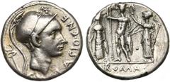 ROMAN REPUBLIC Cn. Cornelius Blasio, AR denier, 112-111 av. J.-C., Rome. D/ CN. BLASIO· CN F T. casquée de Mars à d. Au-dessus, . Derrière, un caducée. R/ Jupiter ten. un long sceptre et le foudre, d
