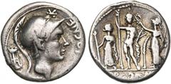 ROMAN REPUBLIC Cn. Cornelius Blasio, AR denier, 112-111 av. J.-C., Rome. D/ CN BLASIO CN F T. casquée de Mars à d. Au-dessus, . Derrière, un trépied. R/ Jupiter ten. un long sceptre et le foudre, deb