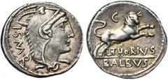 ROMAN REPUBLIC L. Thorius Balbus, AR denier, 105 av. J.-C., Rome. D/ T. de Junon Sospita à d., coiffée d''une peau de chèvre. A g., I·S·M·R (Iuno Sospes Mater Regina). R/ Taureau chargeant à d. Au-des