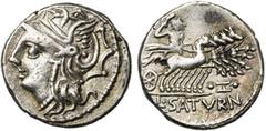 ROMAN REPUBLIC L. Appuleius Saturninus, AR denier, 104 av. J.-C., Rome. D/ T. casquée de Roma à g. R/ Saturne conduisant un quadrige à d., ten. les rênes et une harpa. En dessous, ••. A l''ex., L·SAT
