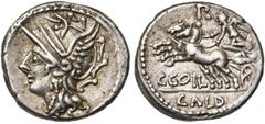ROMAN REPUBLIC C. Coelius Caldus, AR denier, 104 av. J.-C., Rome. D/ T. casquée de Roma à g. R/ Victoire menant un bige à g. Au-dessus, P•. Sous les chevaux, C COIL. A l''ex., CALD. Cr. 318/1a; Syd. 5