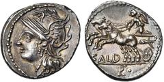 ROMAN REPUBLIC C. Coelius Caldus, AR denier, 104 av. J.-C., Rome. D/ T. casquée de Roma à g. R/ Victoire menant un bige à g. Sous les chevaux, CALD. A l''ex., R•. Cr. 318/1b; Syd. 582a. 3,89g Belle pa