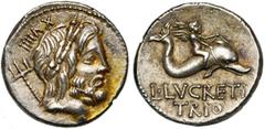 ROMAN REPUBLIC L. Lucretius Trio, AR denier, 76 av. J.-C., Rome. D/ T. l. de Neptune à d. Derrière, un trident. Au-dessus, XVIIII. R/ Cupidon conduisant un dauphin à d. A l''ex., L·LVCRETI/ TRIO. Cr. 