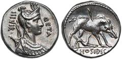 ROMAN REPUBLIC C. Hosidius Geta, AR denier, 68 av. J.-C., Rome. D/ B. de Diane à d., arc et carquois sur l''épaule. Devant, GETA. Derrière, III·VIR. R/ C HOSIDI C F Sanglier à d., transpercé par une l