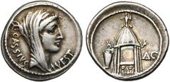 ROMAN REPUBLIC Q. Cassius Longinus, AR denier, 55 av. J.-C., Rome. D/ Q·CASSIVS LONGINVS B. voilé, dr. de Vesta à d. R/ Temple rond de Vesta. A l''intérieur, une chaise curule. A g., une urne. A d., u