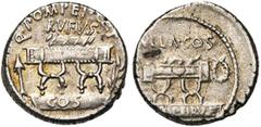 ROMAN REPUBLIC Q. Pompeius Rufus, AR denier, 54 av. J.-C., Rome. D/ Q·POMPEI·Q·F/ RVFVS Chaise curule. A g., flèche. A d., rameau d''olivier. En dessous, sur une tablette, COS. R/ SVLLA·COS Chaise cur