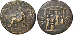 ROMAN EMPIRE CALIGULA (37-41), AE sesterce, 37-38, Rome. D/ C CAESAR AVG GERMANICVS P M TR POT/ PIETAS Pietas voilée, dr., assise à g., ten. une patère, le bras g. appuyé sur une petite figure deb. de