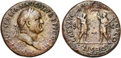 ROMAN EMPIRE VESPASIEN (69-79), AE sesterce, 71, Rome. D/ IMP CAES VESPASIAN AVG PM TR PPP COS III T. l. à d. R/ CAES AVG F DES IM-P AVG F COS D-ES IT/ S-C Domitien ten. une lance et Titus ten. une la