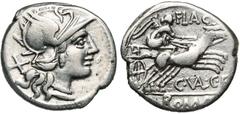 ROMAN REPUBLIC C. Valerius Flaccus, AR denier, 140 av. J.-C., Rome. D/ T. casquée de Roma à d. Derrière, . R/ FLAC/ C·VA·C·F/ ROMA Victoire ten. les rênes et un fouet, conduisant un bige à d. Cr. 228