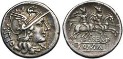 ROMAN REPUBLIC L. Sempronius Pitio, AR denier, 148 av. J.-C., Rome. D/ PITIO T. casquée de Roma à d. Sous le menton, . R/ L·SEMP/ ROMA Les Dioscures galopant à d. Cr. 216/1; Syd. 402. 3,68g Patiné. T