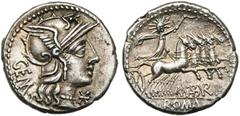 ROMAN REPUBLIC M. Aburius Geminus, AR denier, 132 av. J.-C., Rome. D/ T. casquée de Roma à d. A g., GEM. Sous le menton, . R/ M·ABVRI/ ROMA Sol conduisant un quadrige au galop à d. Cr. 250/1; Syd. 48