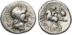 ROMAN REPUBLIC M. Sergius Silus, AR denier, 116-115 av. J.-C., Rome. D/ ROMA - EX·S·C T. casquée de Roma à d. Derrière, . R/ Q/ M·SERGI/ SILVS Cavalier à g., ten. un glaive et une tête coupée. Cr. 28