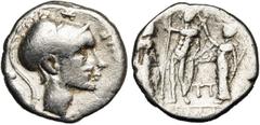 ROMAN REPUBLIC Cn. Cornelius Blasio, AR denier, 112 ou 111 av. J.-C., Rome. D/ CN BLASIO CN F T. casquée de Mars à d. Au-dessus, . Derrière, proue. R/ Jupiter ten. un long sceptre et le foudre, deb. 