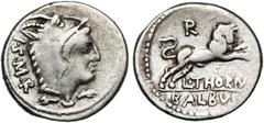 ROMAN REPUBLIC L. Thorius Balbus, AR denier, 105 av. J.-C., Rome. D/ T. de Junon Sospita à d., coiffée d''une peau de chèvre. A g., I·S·M·R. R/ Taureau chargeant à d. Au-dessus, R. Dessous, L·THORIVS.