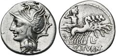 ROMAN REPUBLIC L. Appuleius Saturninus, AR denier, 104 av. J.-C., Rome. D/ T. casquée de Roma à g. R/ L·SATVRN Saturne conduisant un quadrige à d., ten. les rênes et une harpa. En dessous, L•. Cr. 317