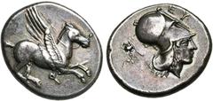 Monde grec - Greek World CORINTHE, AR statère, 400-350 av. J.-C. D/ Pégase bridé en vol à d. Dessous, . R/ T. casquée d''Athéna à d. A g., trépied. Au-dessus à d., EY. Ravel 675; Pegasi 257/1. 8,37g 