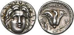 Monde grec - Greek World ILES DE CARIE, RHODES, ville de Rhodes, AR didrachme, 250-230 av. J.-C. D/ T. r. d''Hélios de f., légèrement tournée vers la d. R/ Rose avec bouton. Au-dessus, TIMOΘEOΣ. A g.,