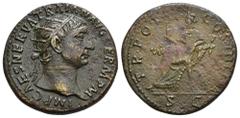 IMPERIO ROMANO. TRAJANO. Dupondio. Roma (101-102). A/ Cabeza radiada a der.; IMP CAES NERVA TRAIAN AVG GERM P M. R/ Abundantia sentada en silla de dos cornucopias; TR POT COS IIII P P, SC. AE 12,23 g.