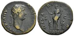 IMPERIO ROMANO. ADRIANO. Dupondio. Roma (128-129). A/ Cabeza radiada a der.; HADRIANVS AVGVSTVS. R/ Hilaritas a izq. con palma y cornucopia con dos niños a sus pies; HILARITAS, S-C, exergo COS III. AE