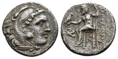 MACEDONIA. Alejandro III. Lampsacus. Dracma. A/ R/ Símbolo Pegaso delante y monograma debajo del trono. AR 4,04 g. 16,6 mm. PRC-1382. Porosidades. MBC.