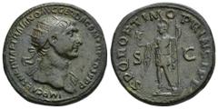 TRAJANO. Dupondio. Roma (103-111). A/ Cabeza radiada y drapeada al hombro a der.; IMP CAES NERVAE TRAIANO AVG GER DAC P M TR P COS V P P. R/ Roma sentada a izq. con lanza y victoria; SPQR OPTIMO PRINC