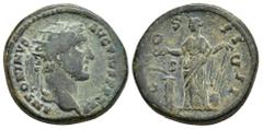 ANTONINO PÍO. Dupondio. Roma (145-161). A/ Cabeza radiada a der.; ANTONINVS AVG PIVS P P TR P. R/ Salus a izq. con timón y alimentando serpiente sobre altar; COS IIII. AE 14,96 g. 25,1 mm. RIC-798. MB