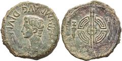 HISPANIA ANTIGUA. Emisiones del Noroeste. Dupondio. Augusto. A/ Cabeza a izq., delante palma, detrás caduceo; IMP AVG DIVI F. R/ Rodela con dos lanzas entre puñal y falcata hacia abajo. AE 17,4g. 30,8