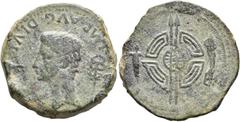 HISPANIA ANTIGUA. Emisiones del Noroeste. Dupondio. Augusto. A/ Cabeza a izq., delante palma, detrás caduceo; IMP AVG DIVI F. R/ Rodela con dos lanzas entre puñal y falcata hacia arriba. AE 16,12g. 29