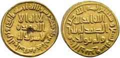 MUNDO ISLÁMICO. CALIFATO OMEYA. ABD AL-MALIK (66-87-/685-705). Dinar. Sin ceca. 79 H. AU 4,26 g. 20 mm. Bernardi-42. Defecto de cospel en el centro del anv. MBC+. Ex colección Gaspariño.