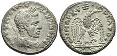 IMPERIO ROMANO. MACRINO. Tetradracma. Seleucia Pieria (218-219). A/ Busto laureado y acorazado a der. R/ Águila mirando a der. con alas abiertas, corona en el pico, sobre haz de rayos. AR 11,46 g. 26,