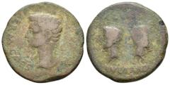 HISPANIA ANTIGUA. IULIA TRADUCTA. Augusto. Dupondio. A/ Cabeza a izq.; delante PERM CAES detrás AVG. R/ Cabezas opuestas de Cayo y Lucio; C L CAE(S)/ IVL TRAD. I-1610. AE 18,57 g. 31,6 mm. APRH-98 var