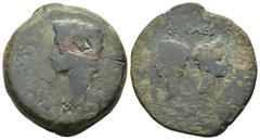 HISPANIA ANTIGUA. IULIA TRADUCTA. Augusto. Dupondio. A/ Cabeza a izq.; PERM-(CAES AVG). Contramarca DD. R/ Cabezas opuestas de Cayo y Lucio; C L CAES/ (IVL TRAD). AE 26,01 g. 34,6 mm. APRH-107. ACIP-3