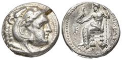 GRECIA ANTIGUA. MACEDONIA. Alejandro III. Tetradracma. Citium (c. 325-320 a.C.). R/ Delante del trono monograma KT y leyenda por debajo del trono poco visible. AR 17,27 g. 25,5 mm. PRC-3106. MBC-/MBC+