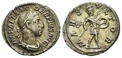 IMPERIO ROMANO. ALEJANDRO SEVERO. Denario. Roma (231-235). A/ Busto laureado y acorazado a der.; IMP ALEXANDER PIVS AVG. R/ Marte avanzando a der.; MARS VLTOR. AR 3,21 g. 19,9 mm. RIC-246c. MBC+.