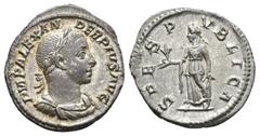 IMPERIO ROMANO. ALEJANDRO SEVERO. Denario. Roma (231-235). A/ Busto laureado, drapeado y acorazado a der.; IMP ALEXANDER PIVS AVG. R/ Spes a izq.; SPES PVBLICA. AR 2,96 g. 20 mm. RIC-254d. EBC-.
